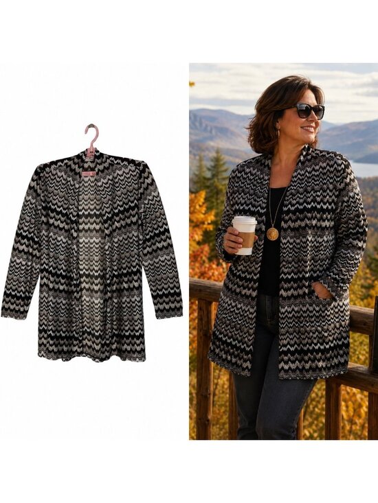Susan Graver Sweaters - Susan Graver Women's Chevron Pattern Sheer Cardigan Jacket 2X Black Beige Travel